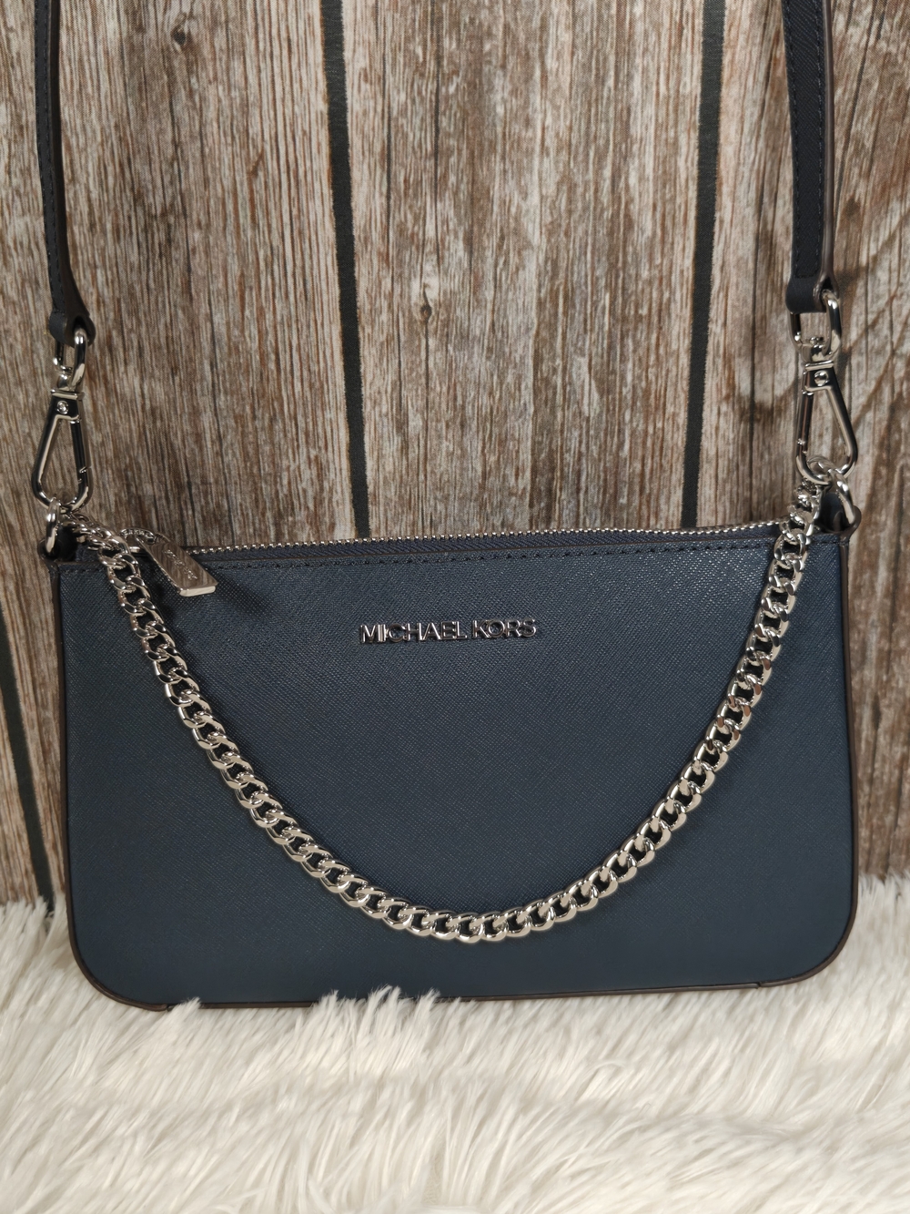 Michael Kors Navy Crossbody with Silver Chain Detail